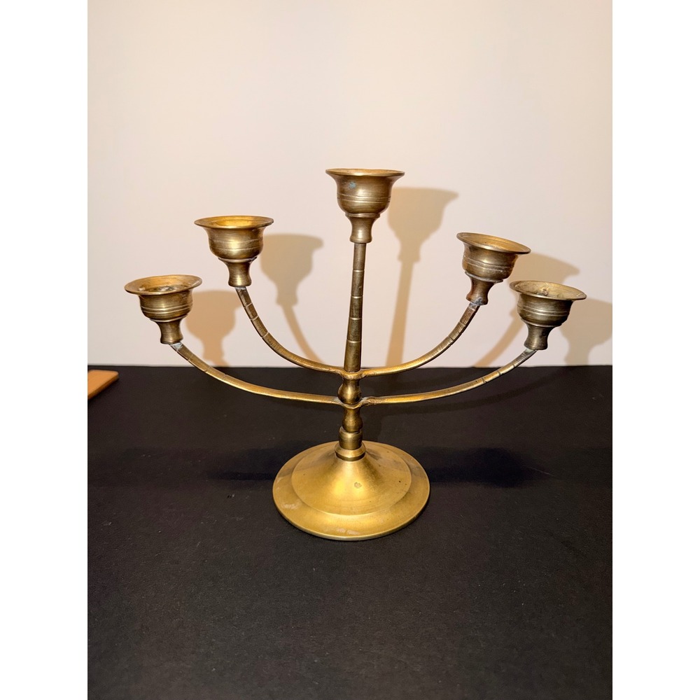 Vintage Judaica Jewish Brass 5 Arm Candelabra Five Light Candle Holder Tiered